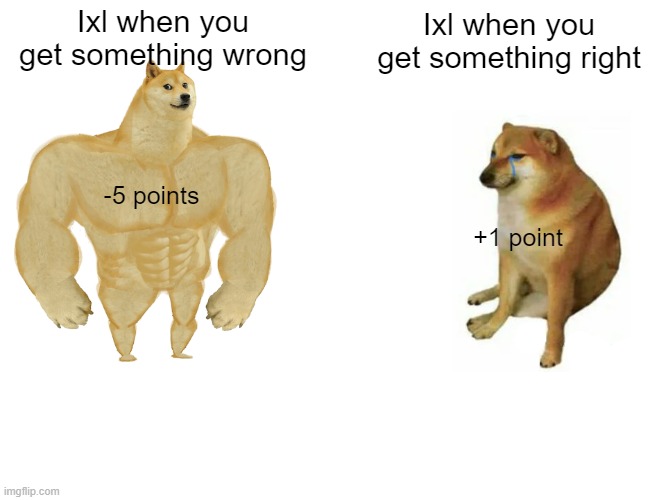 ixl succ | Ixl when you get something wrong; Ixl when you get something right; -5 points; +1 point | image tagged in memes,buff doge vs cheems | made w/ Imgflip meme maker