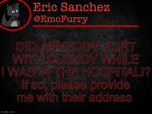 Eric Sanchez FlipBook page | DID ANYBODY FLIRT WITH CLOUDY WHILE I WAS IN THE HOSPITAL!? if so, please provide me with their address | image tagged in eric sanchez flipbook page | made w/ Imgflip meme maker