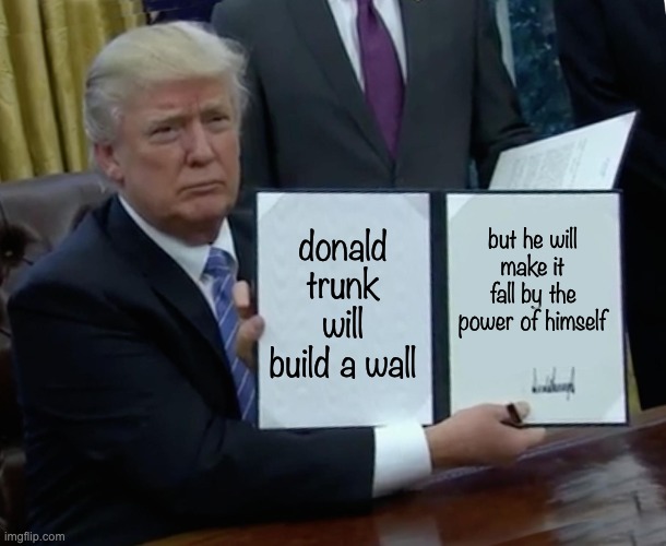 Trump Bill Signing Meme | donald trunk will build a wall but he will make it fall by the power of himself | image tagged in memes,trump bill signing | made w/ Imgflip meme maker