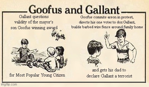 Goofus and Gallant | Goofus commits arson in protest, directs his one voter to dox Gallant, builds barbed wire fence around family home; Gallant questions validity of the mayor's son Goofus winning award; and gets his dad to declare Gallant a terrorist; for Most Popular Young Citizen | image tagged in anti trump hate,anarchist,liberal hypocrisy,election fraud,political humor,goofus and gallant | made w/ Imgflip meme maker