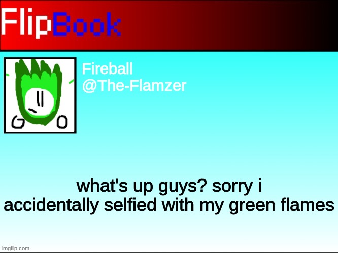 FlipBook profile | Fireball
@The-Flamzer; what's up guys? sorry i accidentally selfied with my green flames | image tagged in flipbook profile | made w/ Imgflip meme maker