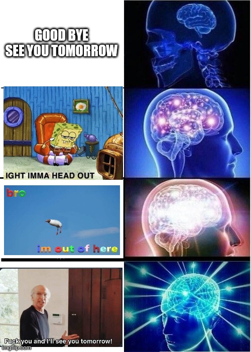 Lmao. I'm mot going this is just a meme | GOOD BYE SEE YOU TOMORROW | image tagged in memes,expanding brain | made w/ Imgflip meme maker