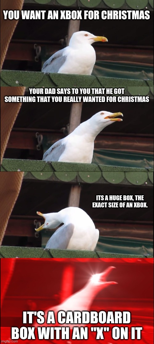 Xbox time... | YOU WANT AN XBOX FOR CHRISTMAS; YOUR DAD SAYS TO YOU THAT HE GOT SOMETHING THAT YOU REALLY WANTED FOR CHRISTMAS; ITS A HUGE BOX, THE EXACT SIZE OF AN XBOX. IT'S A CARDBOARD BOX WITH AN "X" ON IT | image tagged in memes,inhaling seagull | made w/ Imgflip meme maker
