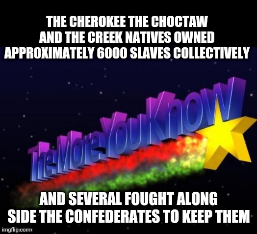 the more you know | THE CHEROKEE THE CHOCTAW AND THE CREEK NATIVES OWNED APPROXIMATELY 6000 SLAVES COLLECTIVELY; AND SEVERAL FOUGHT ALONG SIDE THE CONFEDERATES TO KEEP THEM | image tagged in the more you know | made w/ Imgflip meme maker