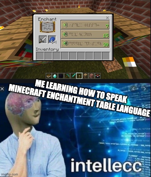 enchantment table language | ME LEARNING HOW TO SPEAK MINECRAFT ENCHANTMENT TABLE LANGUAGE | image tagged in minecraft | made w/ Imgflip meme maker