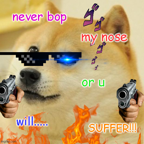never bop; my nose; or u; will..... SUFFER!!! | image tagged in doge | made w/ Imgflip meme maker
