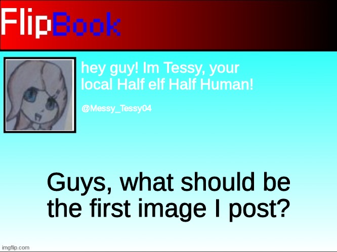 FlipBook profile | hey guy! Im Tessy, your local Half elf Half Human! @Messy_Tessy04; Guys, what should be the first image I post? | image tagged in flipbook profile | made w/ Imgflip meme maker