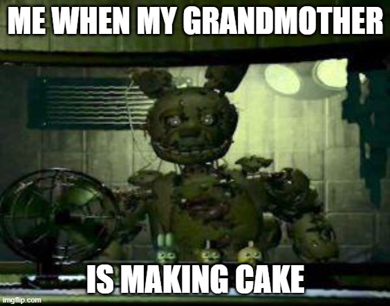 FNAF Springtrap in window | ME WHEN MY GRANDMOTHER; IS MAKING CAKE | image tagged in fnaf springtrap in window | made w/ Imgflip meme maker