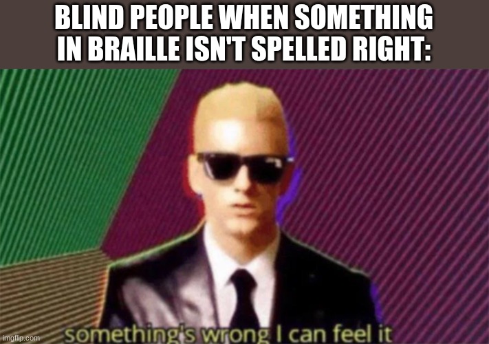 something's wrong i can feel it | BLIND PEOPLE WHEN SOMETHING IN BRAILLE ISN'T SPELLED RIGHT: | image tagged in something's wrong i can feel it | made w/ Imgflip meme maker