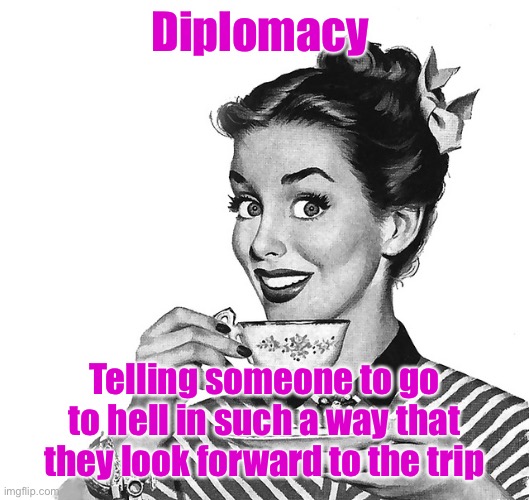It’s like being mean, only more fun! | Diplomacy; Telling someone to go to hell in such a way that they look forward to the trip | image tagged in 50s woman,diplomacy | made w/ Imgflip meme maker