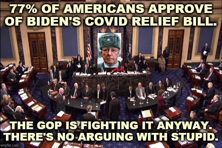 The Republican Party, in a fantasy world of their own. | 77% OF AMERICANS APPROVE OF BIDEN'S COVID RELIEF BILL. THE GOP IS FIGHTING IT ANYWAY. THERE'S NO ARGUING WITH STUPID. | image tagged in senate floor,biden,covid,relief,republicans,fighting | made w/ Imgflip meme maker