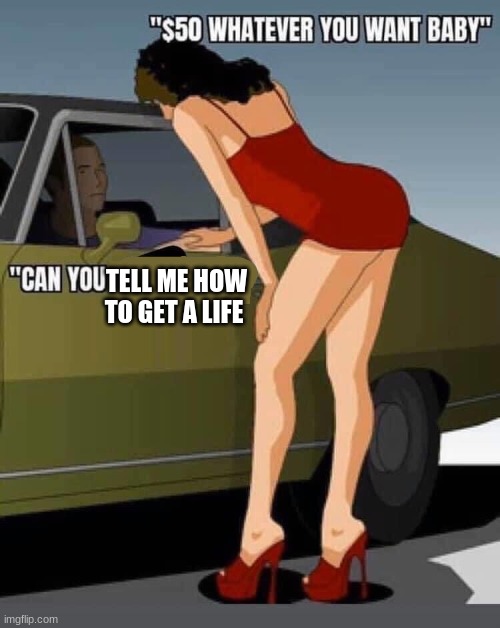 $50 whatever you want baby | TELL ME HOW TO GET A LIFE | image tagged in 50 whatever you want baby | made w/ Imgflip meme maker