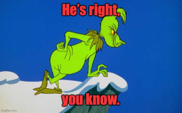 Grinch  | He’s right, you know. | image tagged in grinch | made w/ Imgflip meme maker