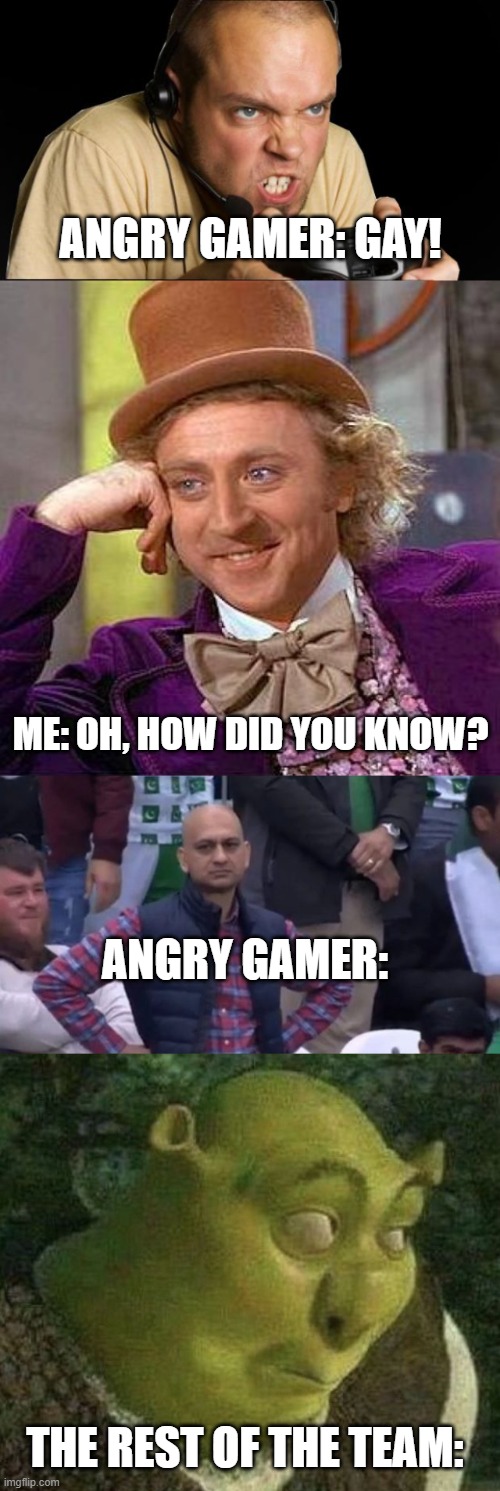 Hah, Jokes on you! | ANGRY GAMER: GAY! ME: OH, HOW DID YOU KNOW? ANGRY GAMER:; THE REST OF THE TEAM: | image tagged in angry gamer,memes,creepy condescending wonka,muhammad sarim akhtar,karma,gaymer | made w/ Imgflip meme maker