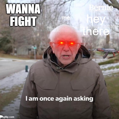 when u find a angry grampa | WANNA FIGHT; hey there; me | image tagged in memes,bernie i am once again asking for your support | made w/ Imgflip meme maker