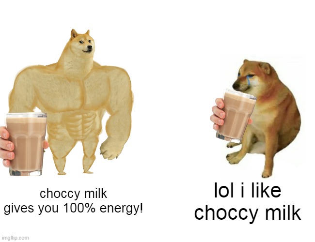 buff doge vs cheems | choccy milk gives you 100% energy! lol i like choccy milk | image tagged in memes,buff doge vs cheems | made w/ Imgflip meme maker