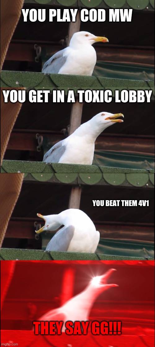 Well then, I am going to YAHOO off the empire state building... | YOU PLAY COD MW; YOU GET IN A TOXIC LOBBY; YOU BEAT THEM 4V1; THEY SAY GG!!! | image tagged in memes,inhaling seagull | made w/ Imgflip meme maker