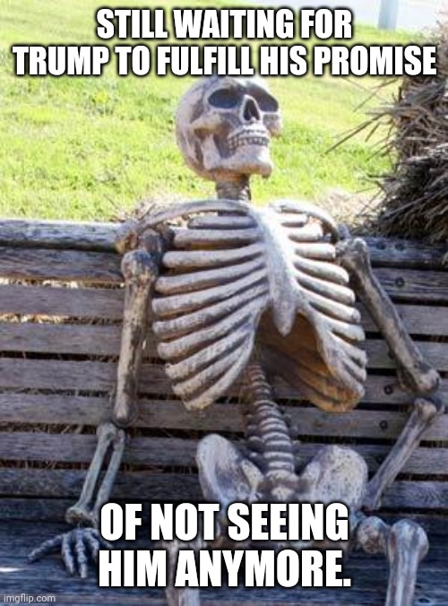 Waiting Skeleton Meme | STILL WAITING FOR TRUMP TO FULFILL HIS PROMISE OF NOT SEEING HIM ANYMORE. | image tagged in memes,waiting skeleton | made w/ Imgflip meme maker