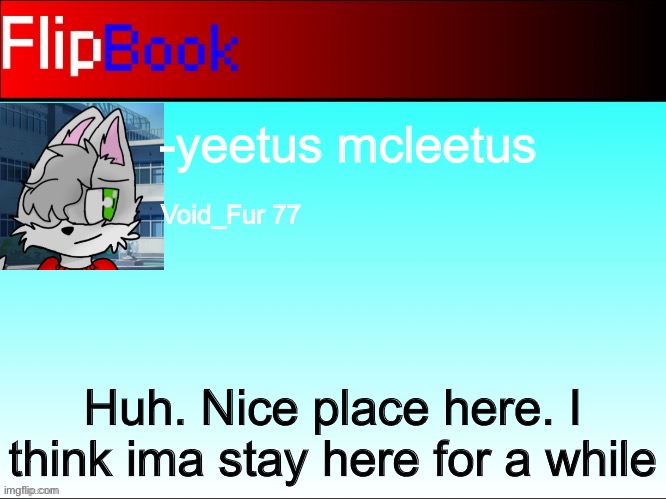 FlipBook profile | -yeetus mcleetus; Void_Fur 77; Huh. Nice place here. I think ima stay here for a while | image tagged in flipbook profile | made w/ Imgflip meme maker