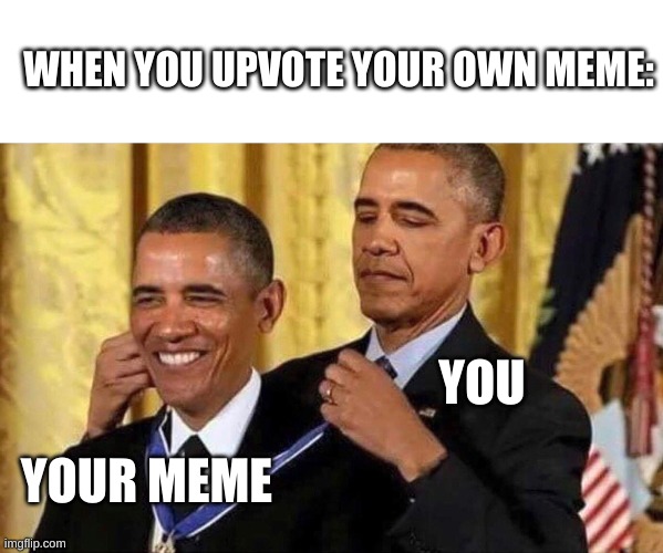 obama medal | WHEN YOU UPVOTE YOUR OWN MEME:; YOU; YOUR MEME | image tagged in obama medal | made w/ Imgflip meme maker