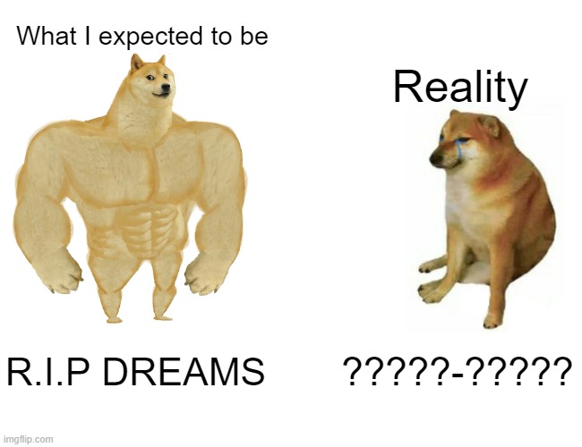 Dreaming... | What I expected to be; Reality; R.I.P DREAMS; ?????-????? | image tagged in memes,buff doge vs cheems | made w/ Imgflip meme maker