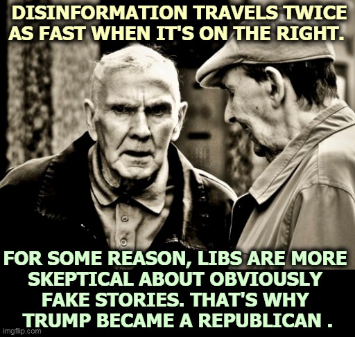 Right wingers will fall for anything, except the truth. | DISINFORMATION TRAVELS TWICE AS FAST WHEN IT'S ON THE RIGHT. FOR SOME REASON, LIBS ARE MORE 
SKEPTICAL ABOUT OBVIOUSLY 
FAKE STORIES. THAT'S WHY 
TRUMP BECAME A REPUBLICAN . | image tagged in disinformation,lies,right wing,conservatives,suckers | made w/ Imgflip meme maker