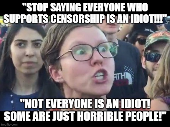 I'm gonna go with "all of the above." | "STOP SAYING EVERYONE WHO SUPPORTS CENSORSHIP IS AN IDIOT!!!"; "NOT EVERYONE IS AN IDIOT! SOME ARE JUST HORRIBLE PEOPLE!" | image tagged in angry sjw,censorship,idiots,horrible people | made w/ Imgflip meme maker
