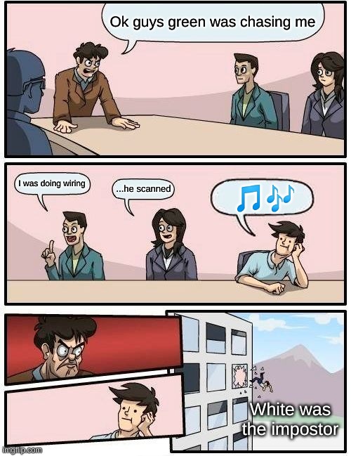 Boardroom Meeting Suggestion Meme | Ok guys green was chasing me; I was doing wiring; ...he scanned; 🎵🎶; White was the impostor | image tagged in memes,boardroom meeting suggestion | made w/ Imgflip meme maker