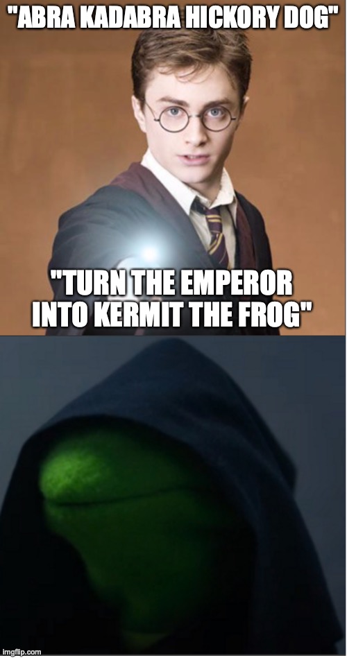 Harry Potter the bloody legend | "ABRA KADABRA HICKORY DOG"; "TURN THE EMPEROR INTO KERMIT THE FROG" | image tagged in kermit the frog,evil kermit,memes,harry potter,good memes,funny memes | made w/ Imgflip meme maker