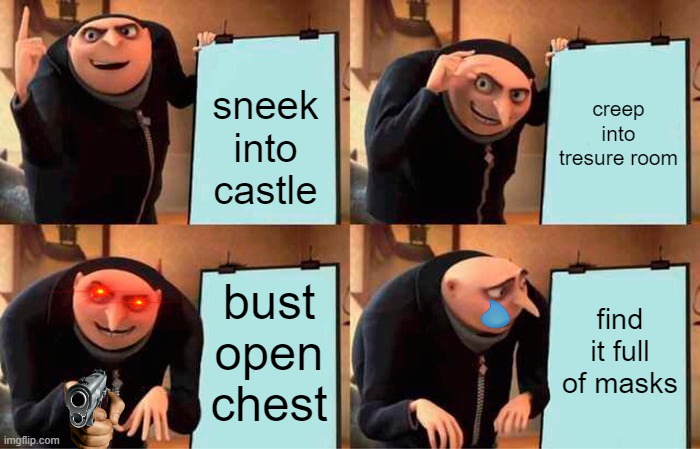 Gru's Plan Meme | sneek into castle; creep into tresure room; bust open chest; find it full of masks | image tagged in memes,gru's plan | made w/ Imgflip meme maker