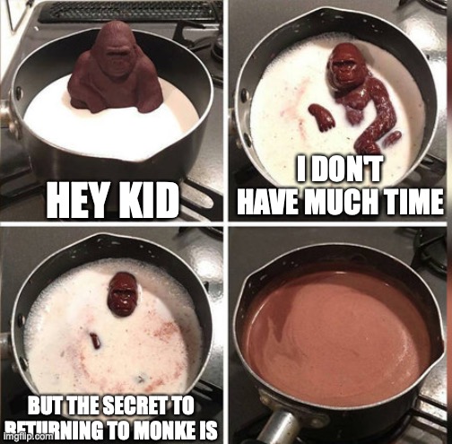 Hey Kid, I don't have much time | HEY KID; I DON'T HAVE MUCH TIME; BUT THE SECRET TO RETURNING TO MONKE IS | image tagged in hey kid i don't have much time | made w/ Imgflip meme maker