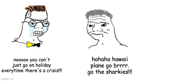 scott morrison in a nutshell | nooooo you can't just go on holiday everytime there's a crisis!!! hahaha hawaii plane go brrrr.
go the sharkies!!! | image tagged in nooo haha go brrr | made w/ Imgflip meme maker