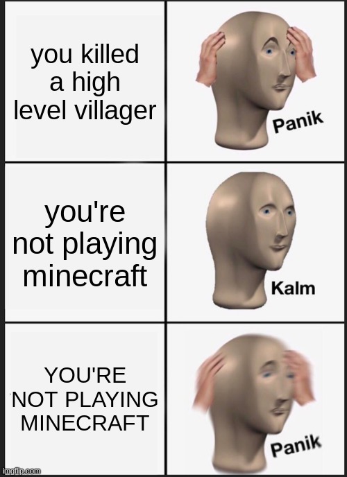 wait hol up bro we ain't playin minecraft | you killed a high level villager; you're not playing minecraft; YOU'RE NOT PLAYING MINECRAFT | image tagged in memes,panik kalm panik | made w/ Imgflip meme maker