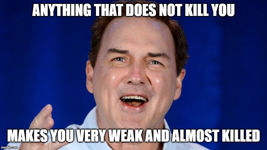 norm | ANYTHING THAT DOES NOT KILL YOU; MAKES YOU VERY WEAK AND ALMOST KILLED | image tagged in funny | made w/ Imgflip meme maker