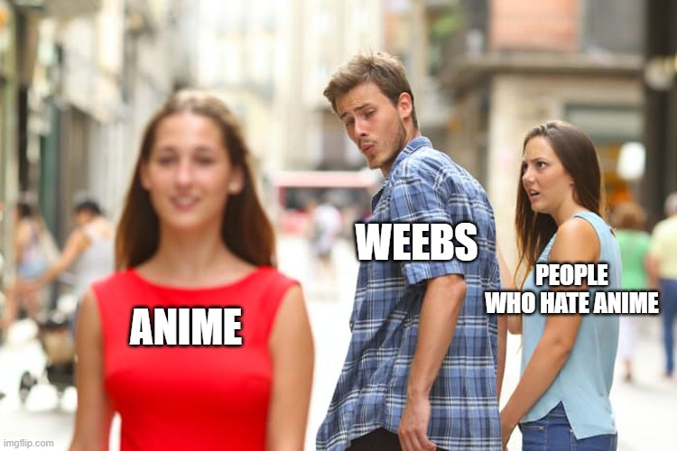 Anime is bad | WEEBS; PEOPLE WHO HATE ANIME; ANIME | image tagged in memes,distracted boyfriend | made w/ Imgflip meme maker