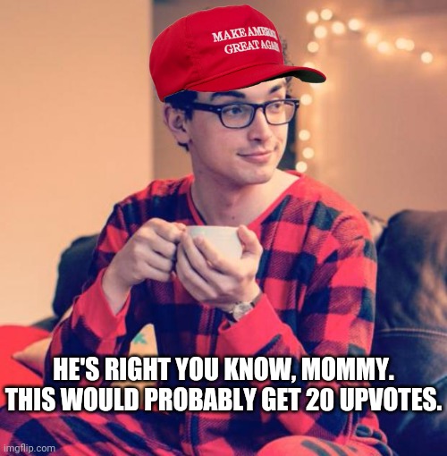Pajama Boy | HE'S RIGHT YOU KNOW, MOMMY.
THIS WOULD PROBABLY GET 20 UPVOTES. | image tagged in pajama boy | made w/ Imgflip meme maker