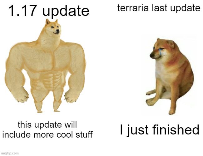 Minecraft forever | 1.17 update; terraria last update; this update will include more cool stuff; I just finished | image tagged in memes,buff doge vs cheems | made w/ Imgflip meme maker