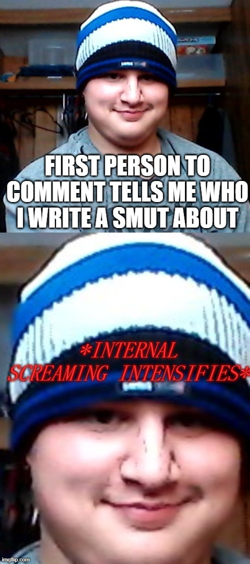 cause boredom | FIRST PERSON TO COMMENT TELLS ME WHO I WRITE A SMUT ABOUT | image tagged in zach w/ beanie internal screaming | made w/ Imgflip meme maker