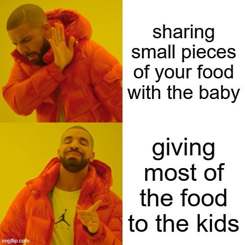 Drake Hotline Bling | sharing small pieces of your food with the baby; giving most of the food to the kids | image tagged in memes,drake hotline bling | made w/ Imgflip meme maker