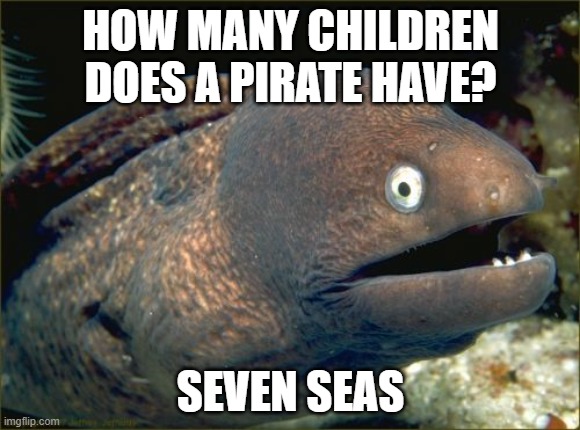 Bad Joke Eel Meme | HOW MANY CHILDREN DOES A PIRATE HAVE? SEVEN SEAS | image tagged in memes,bad joke eel | made w/ Imgflip meme maker