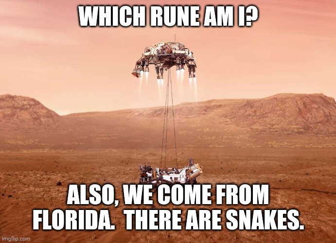 perserverance runes as interpretted | WHICH RUNE AM I? ALSO, WE COME FROM FLORIDA.  THERE ARE SNAKES. | image tagged in perserverance | made w/ Imgflip meme maker