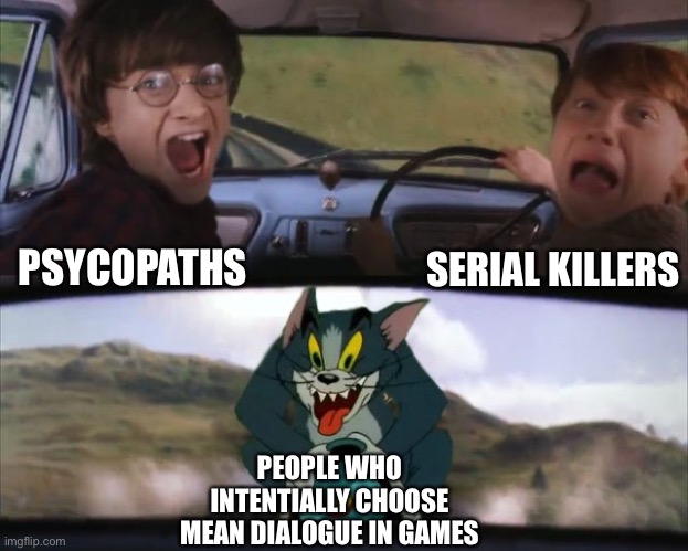 Why do you do this | SERIAL KILLERS; PSYCOPATHS; PEOPLE WHO INTENTIALLY CHOOSE MEAN DIALOGUE IN GAMES | image tagged in tom chasing harry and ron weasly,memes,funny,gaming,video games | made w/ Imgflip meme maker