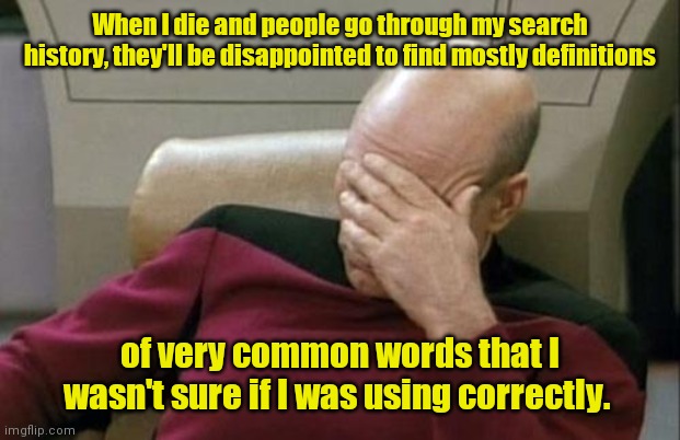 Please excuse my literacy. | When I die and people go through my search history, they'll be disappointed to find mostly definitions; of very common words that I wasn't sure if I was using correctly. | image tagged in memes,captain picard facepalm,funny | made w/ Imgflip meme maker