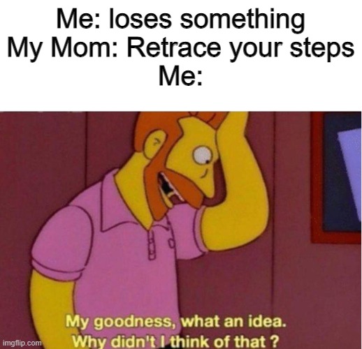 My goodness what an idea why didnt i think of that |  Me: loses something
My Mom: Retrace your steps
Me: | image tagged in my goodness what an idea why didnt i think of that,memes,funny | made w/ Imgflip meme maker