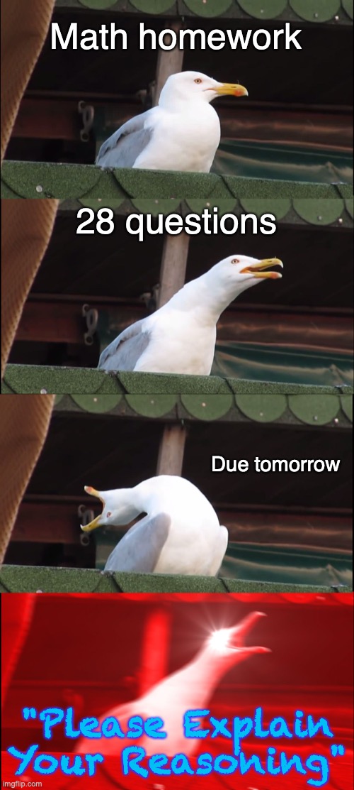 Four words, twenty-six letters | Math homework; 28 questions; Due tomorrow; "Please Explain Your Reasoning" | image tagged in memes,inhaling seagull,math,homework,school,relatable | made w/ Imgflip meme maker