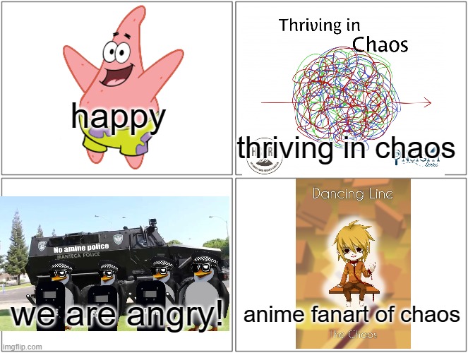 no naime fanart of chaos | happy; thriving in chaos; we are angry! anime fanart of chaos | image tagged in memes,blank comic panel 2x2,no anime allowed | made w/ Imgflip meme maker