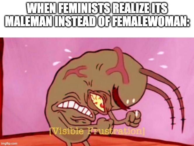 LOLOL)OL | WHEN FEMINISTS REALIZE ITS MALEMAN INSTEAD OF FEMALEWOMAN: | image tagged in cringin plankton / visible frustation | made w/ Imgflip meme maker