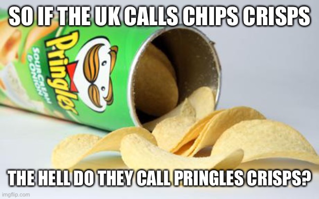 pringles | SO IF THE UK CALLS CHIPS CRISPS; THE HELL DO THEY CALL PRINGLES CRISPS? | image tagged in pringles | made w/ Imgflip meme maker