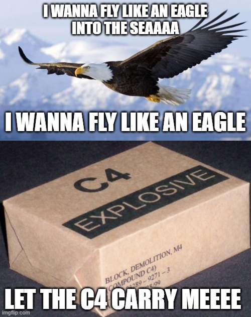 what am I even saying :,) | I WANNA FLY LIKE AN EAGLE
INTO THE SEAAAA; I WANNA FLY LIKE AN EAGLE; LET THE C4 CARRY MEEEE | image tagged in eagle,c4 | made w/ Imgflip meme maker