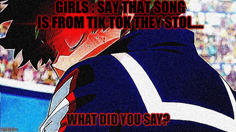 Deku what you say extreme | GIRLS : SAY THAT SONG IS FROM TIK TOK THEY STOL.... | image tagged in deku what you say extreme,tiktok sucks,mha | made w/ Imgflip meme maker